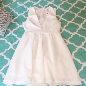 White textured plunge dress